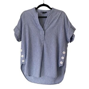 Nicole Miller Striped Linen Blend Side Button Notch Neck Top Blue Sz S